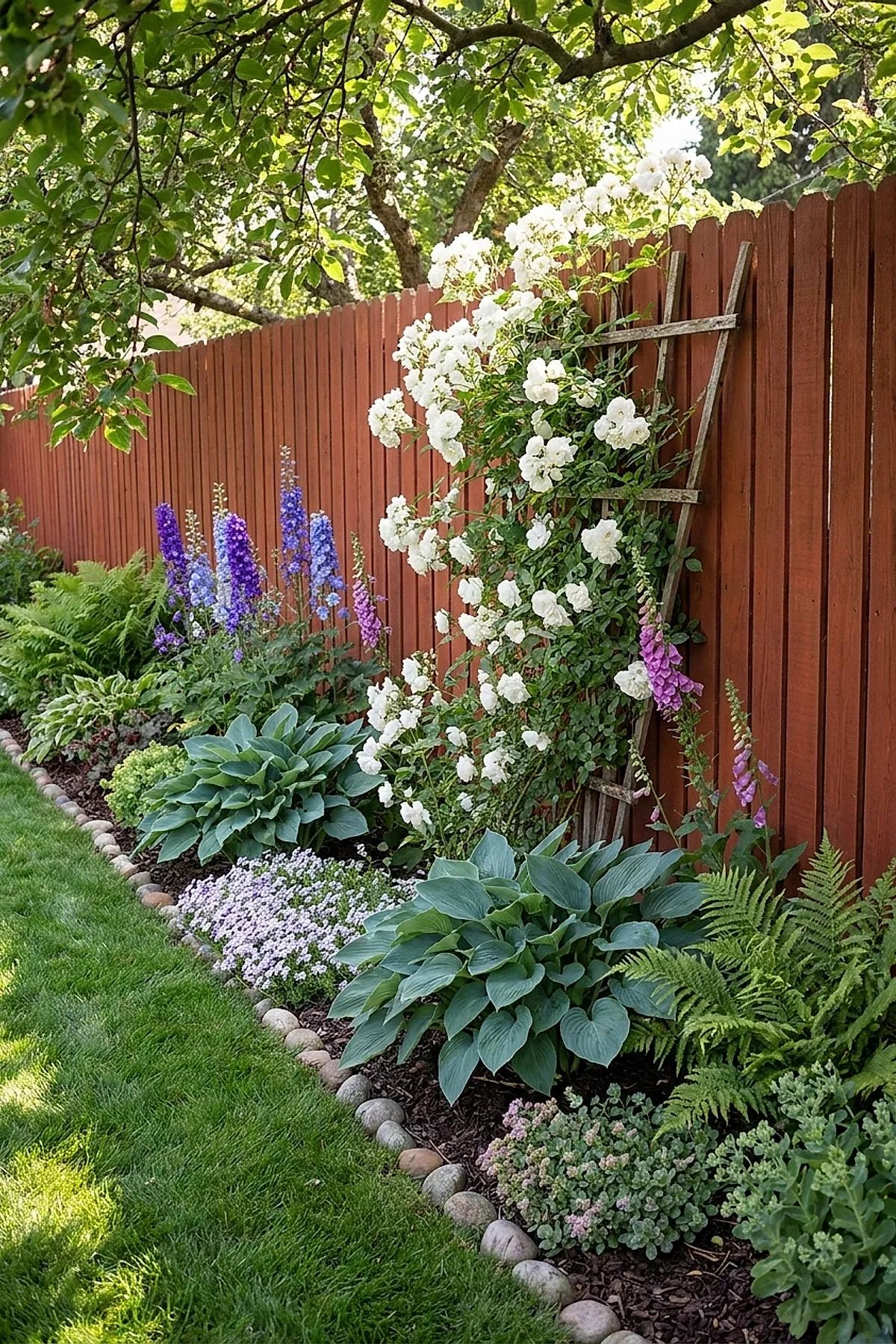 Fence landscaping featuring a wooden fence with a trellis supporting white climbing flowers, surrounded by various green leafy plants and purple flowering spikes along the fence line