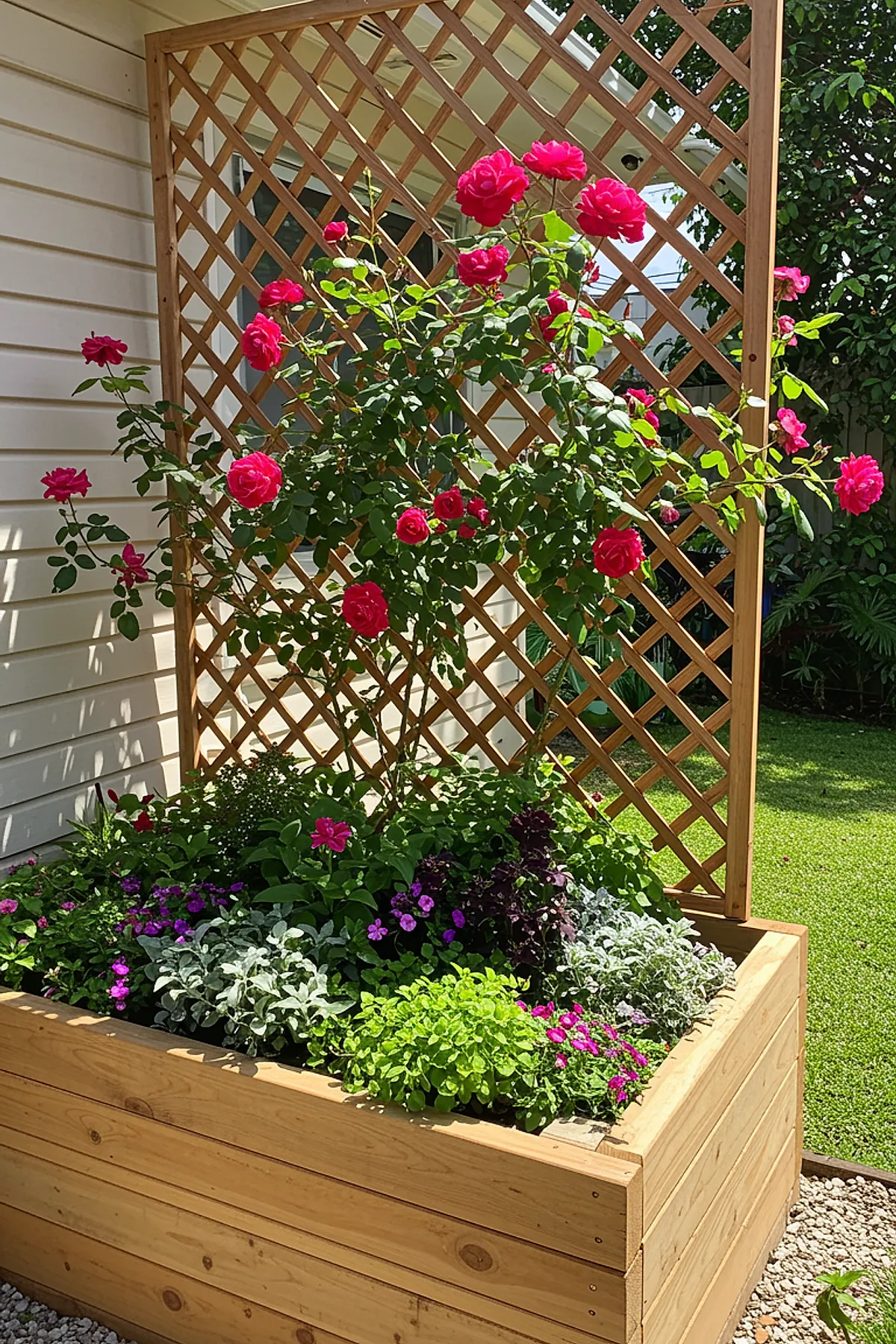 Wooden lattice privacy screen with bright pink climbing roses in a raised wooden planter.