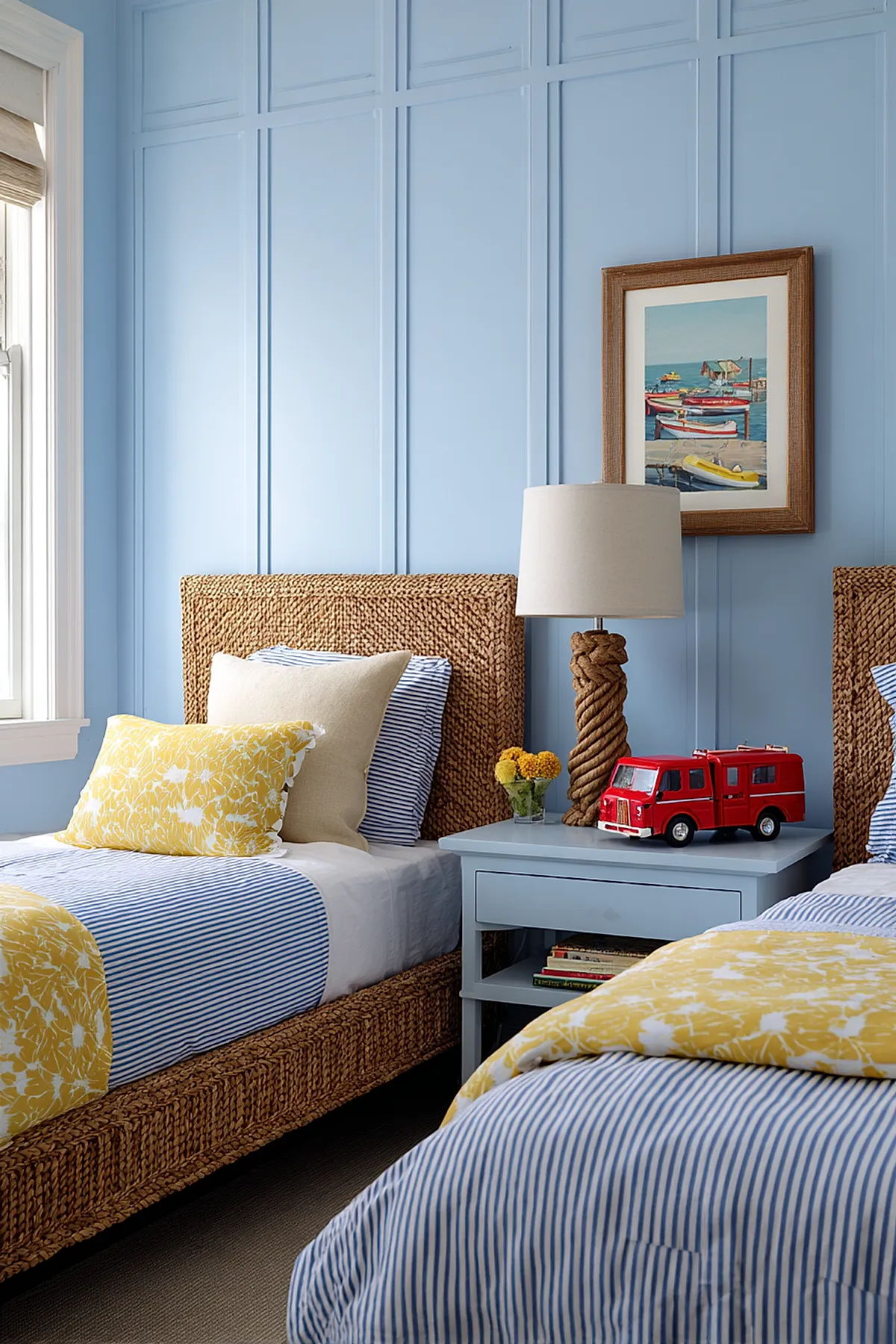 Bedroom with two twin beds featuring woven natural fiber headboards, blue and white striped bedding, yellow floral pillows and blankets, light blue paneled walls, light blue nightstand holding rope-style table lamp and red toy fire truck, framed seaside print above.