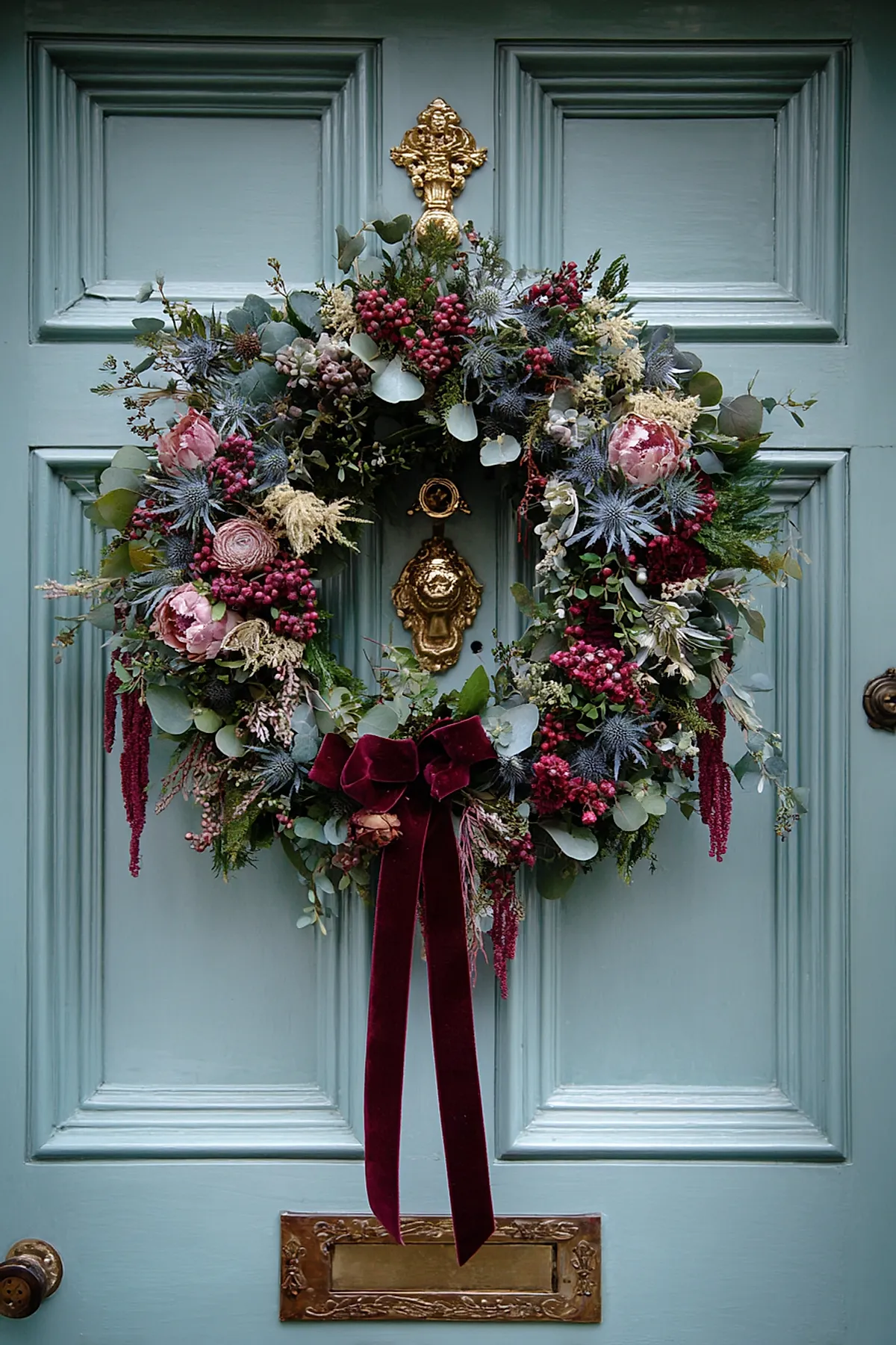 Christmas wreath featuring pink berries, blue thistle flowers, eucalyptus leaves, greenery, and a large deep burgundy velvet bow hanging on a teal paneled door with brass hardware.