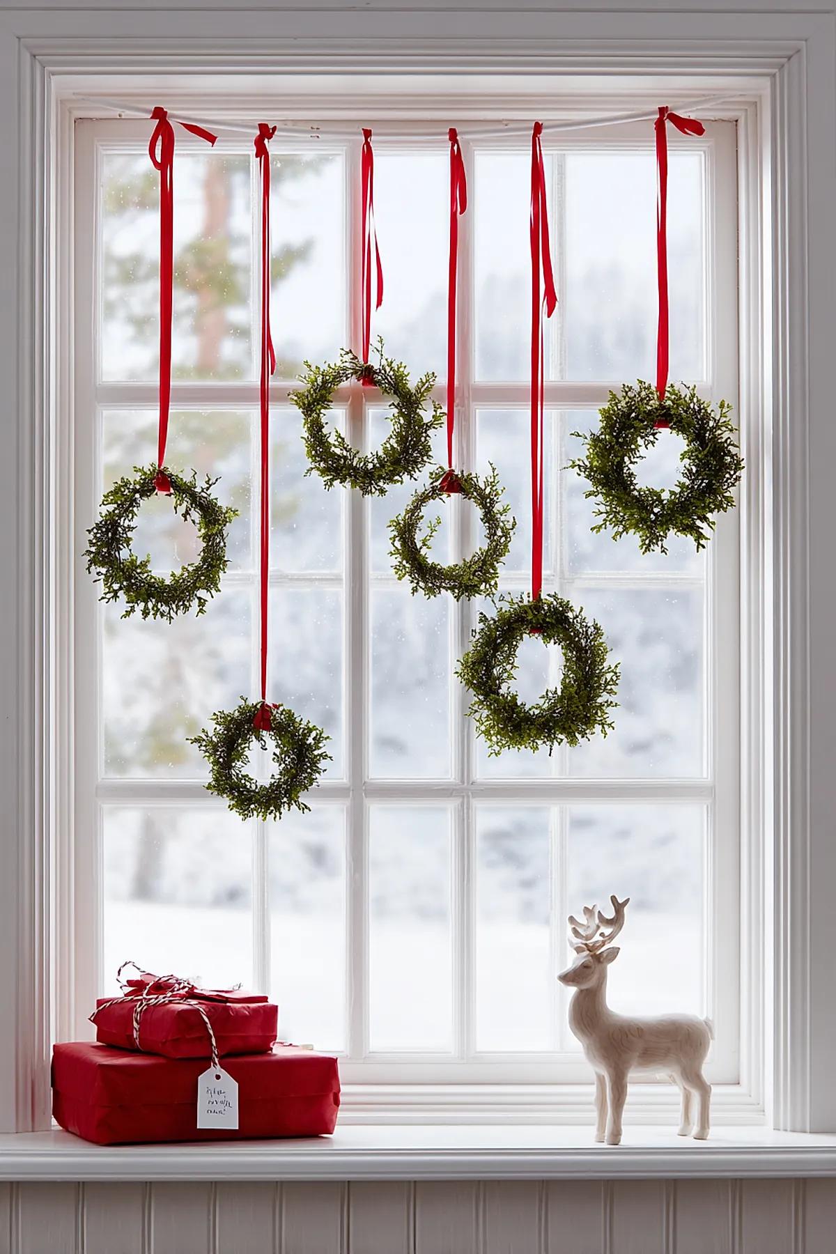 white-framed window decorated with six small green wreaths hanging at varying heights from bright red ribbons, two red wrapped gifts stacked on the windowsill next to a white ceramic reindeer figurine, snow visible outside