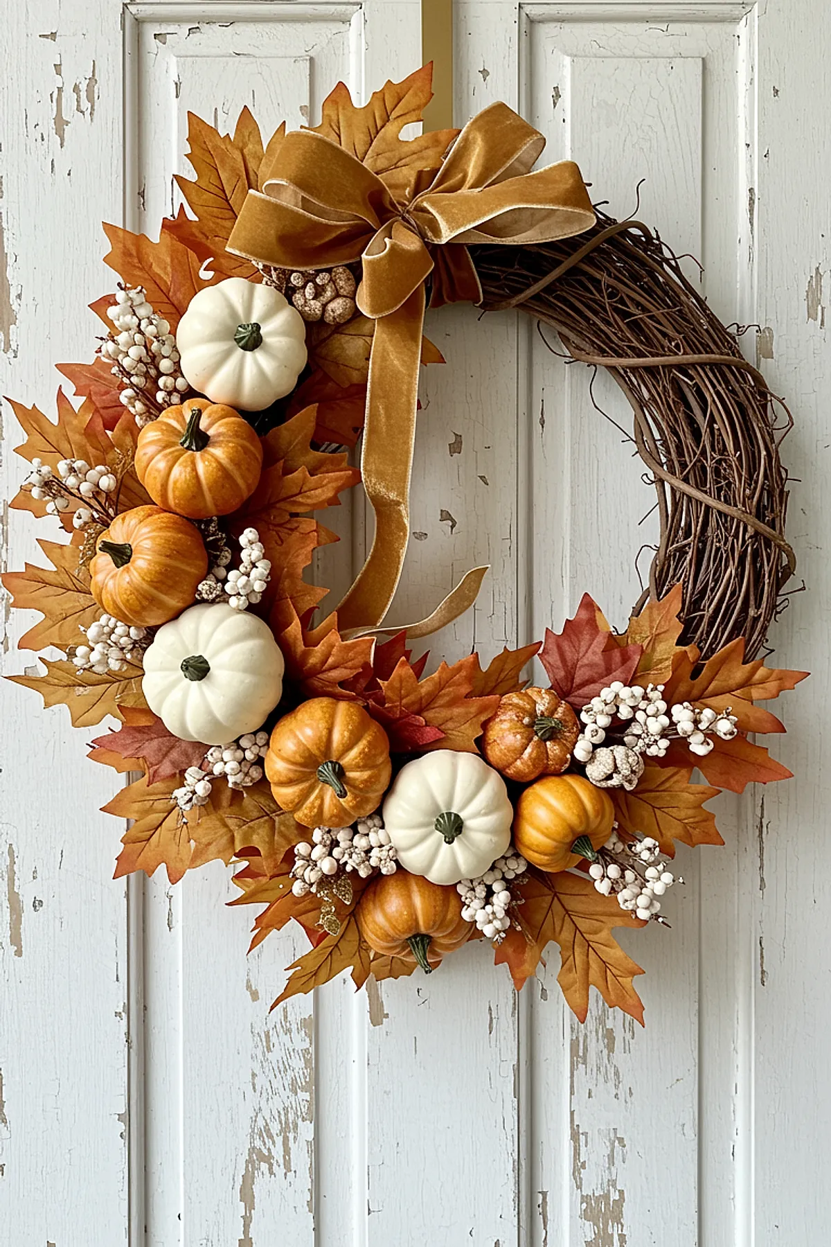 grapevine wreath decorated on half with small white and orange pumpkins, orange maple leaves, clusters of white berries, and topped with a large mustard yellow velvet ribbon bow hanging on distressed white wooden door